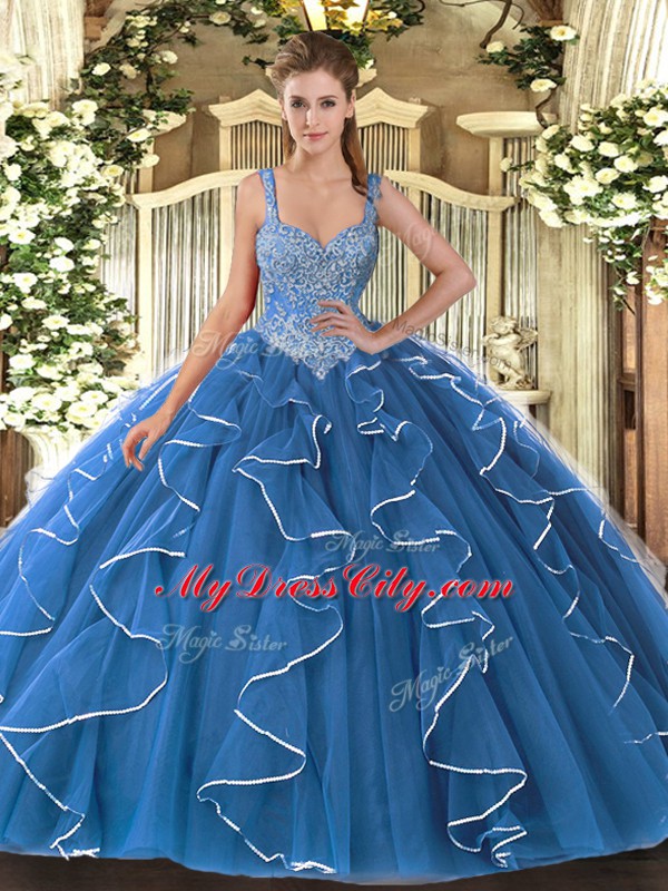 Cute Tulle V-neck Sleeveless Lace Up Beading and Ruffles 15 Quinceanera Dress in Blue