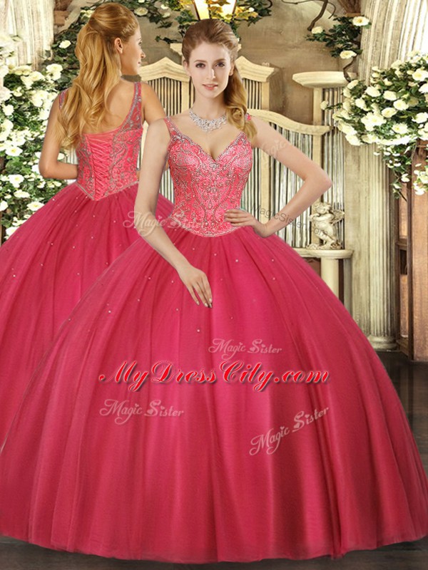 Fashion Sleeveless Tulle Floor Length Lace Up Quinceanera Dresses in Red with Beading