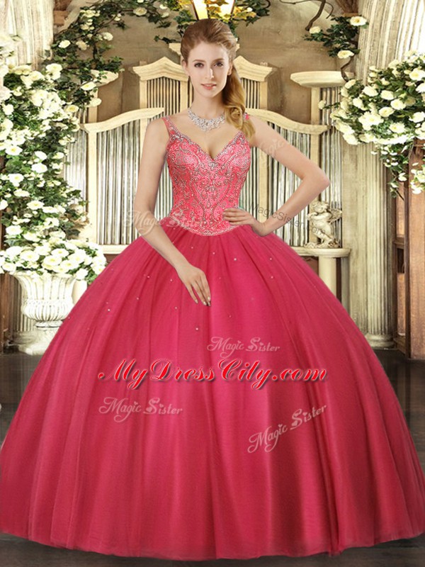 Fashion Sleeveless Tulle Floor Length Lace Up Quinceanera Dresses in Red with Beading