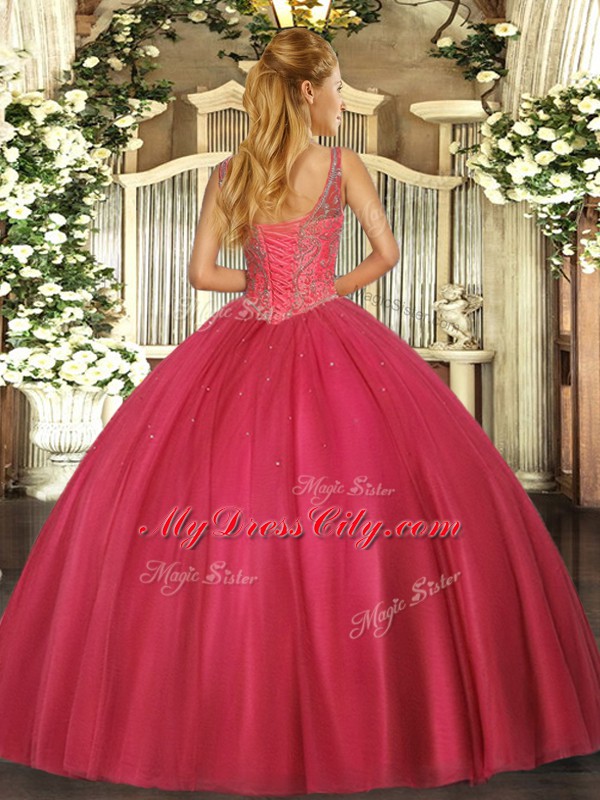 Fashion Sleeveless Tulle Floor Length Lace Up Quinceanera Dresses in Red with Beading