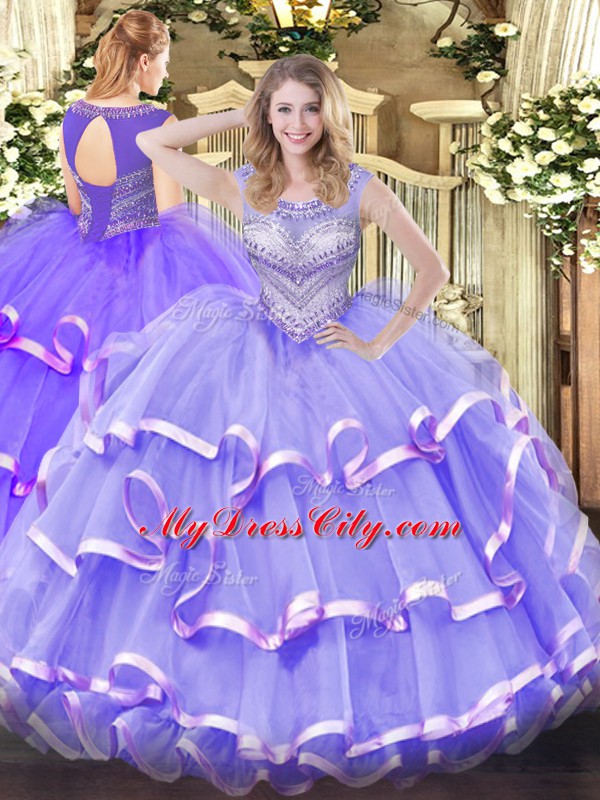 Lavender 15 Quinceanera Dress Military Ball and Sweet 16 and Quinceanera with Beading and Ruffled Layers Scoop Sleeveless Lace Up