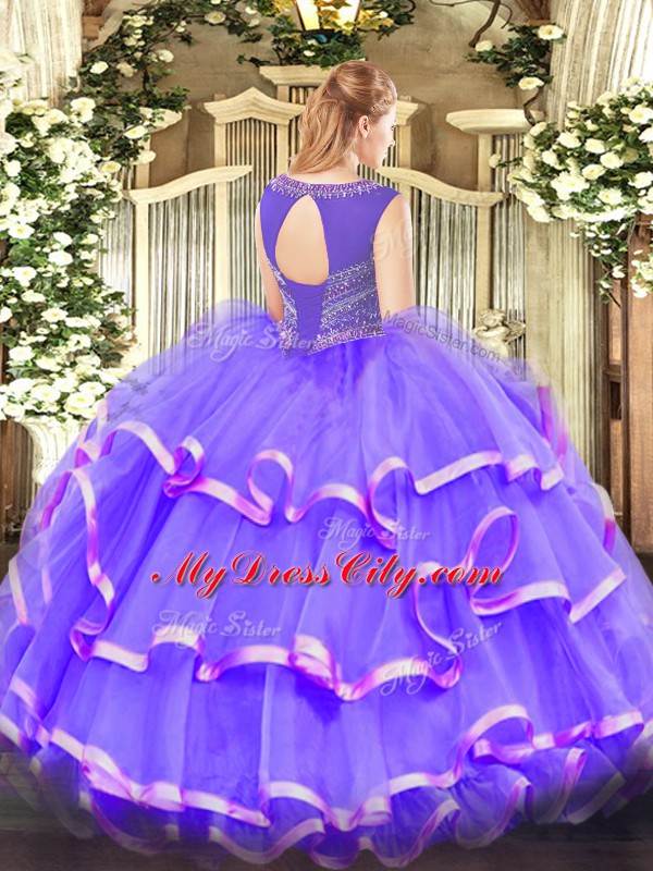 Lavender 15 Quinceanera Dress Military Ball and Sweet 16 and Quinceanera with Beading and Ruffled Layers Scoop Sleeveless Lace Up