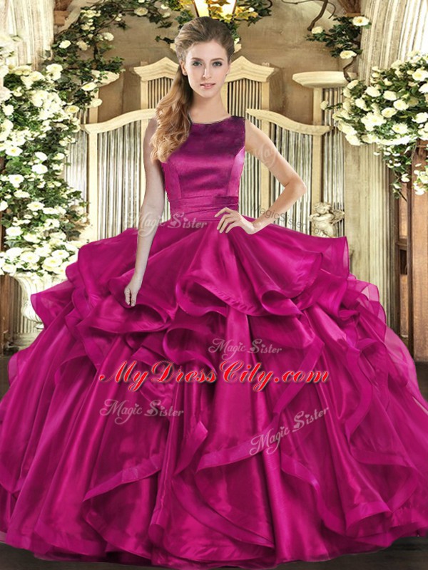 Fuchsia Ball Gowns Ruffles Quinceanera Gown Lace Up Organza Sleeveless Floor Length