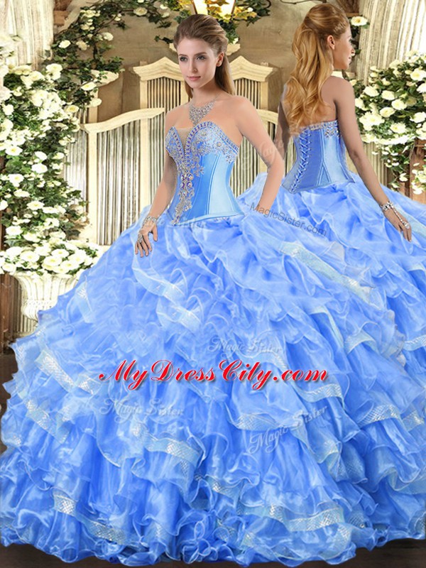 Latest Baby Blue Sleeveless Beading and Ruffled Layers Floor Length Quinceanera Dresses