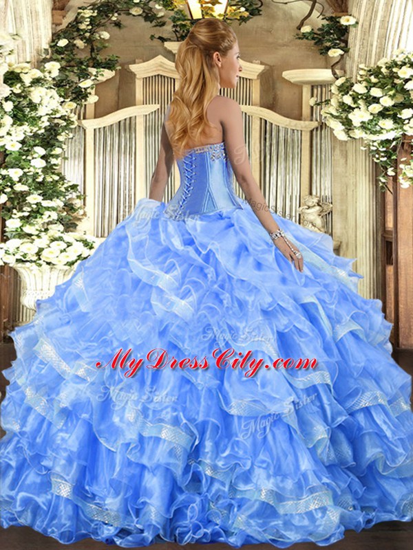 Latest Baby Blue Sleeveless Beading and Ruffled Layers Floor Length Quinceanera Dresses