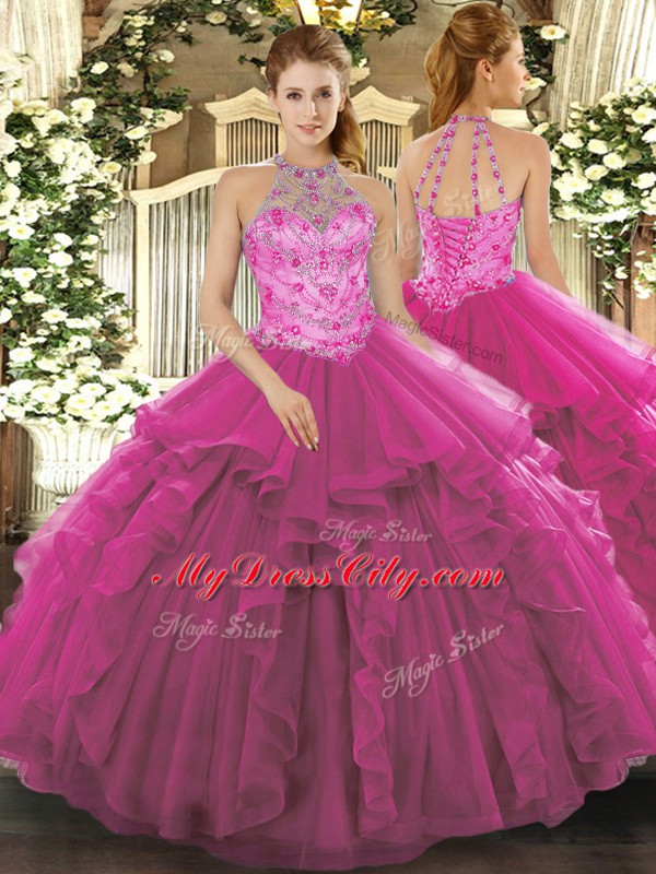 Attractive Beading Sweet 16 Dress Fuchsia Lace Up Sleeveless Floor Length