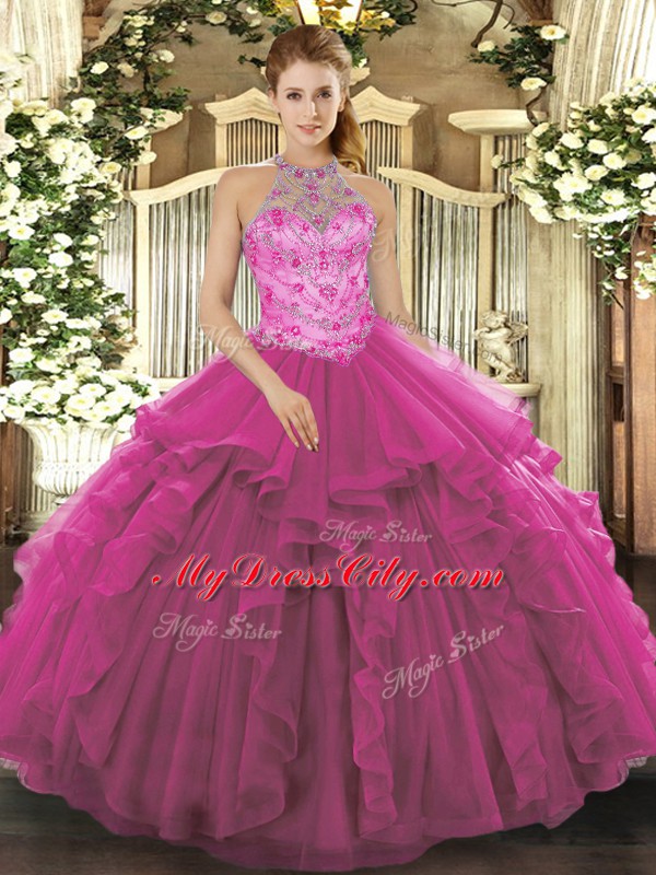 Attractive Beading Sweet 16 Dress Fuchsia Lace Up Sleeveless Floor Length