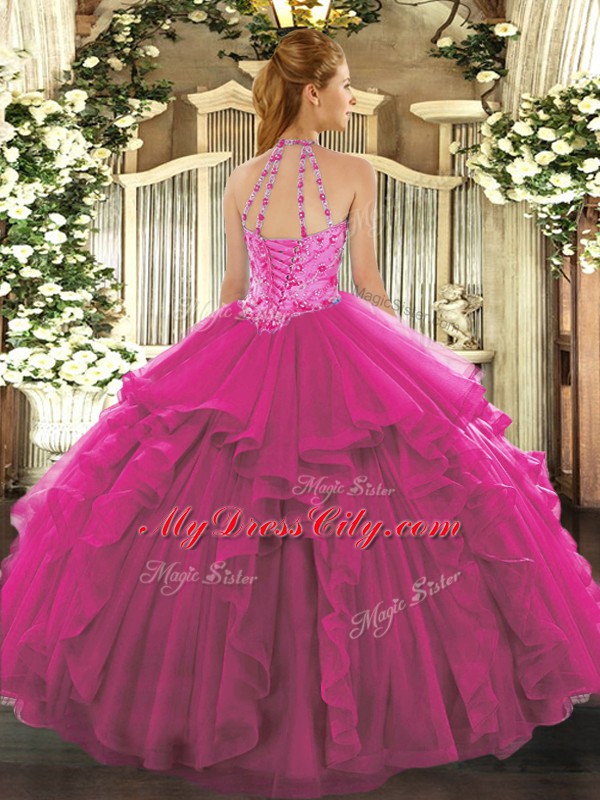 Attractive Beading Sweet 16 Dress Fuchsia Lace Up Sleeveless Floor Length