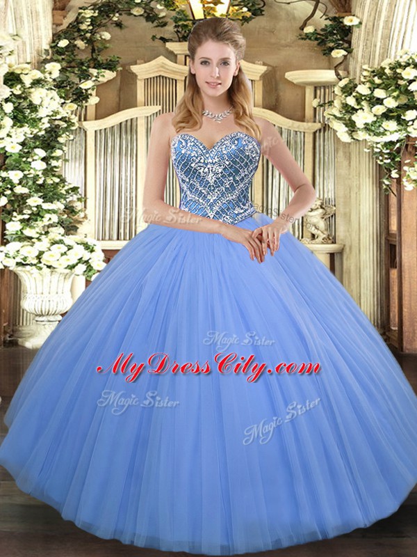 On Sale Baby Blue Ball Gowns Sweetheart Sleeveless Tulle Floor Length Lace Up Beading Ball Gown Prom Dress