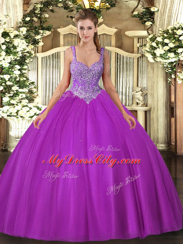 Fantastic Fuchsia Ball Gowns Tulle V-neck Sleeveless Beading Floor Length Lace Up Quinceanera Gowns