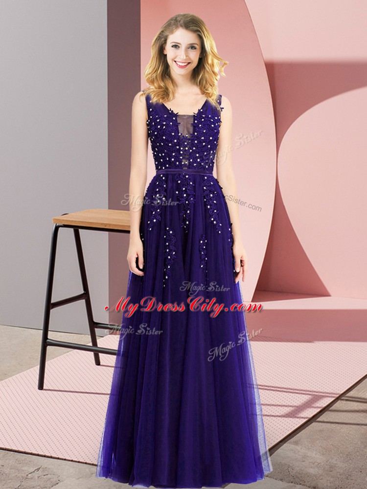 Sweet Purple Sleeveless Tulle Backless Dress for Prom for Prom and Party