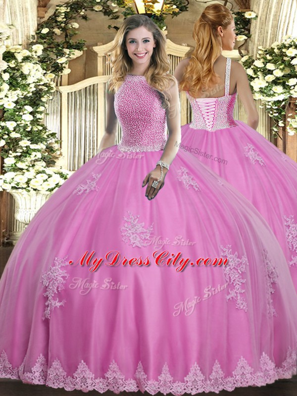 Best Selling Tulle High-neck Sleeveless Lace Up Beading and Appliques Sweet 16 Dress in Rose Pink