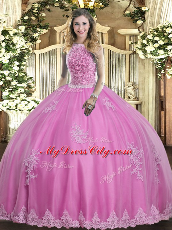 Best Selling Tulle High-neck Sleeveless Lace Up Beading and Appliques Sweet 16 Dress in Rose Pink