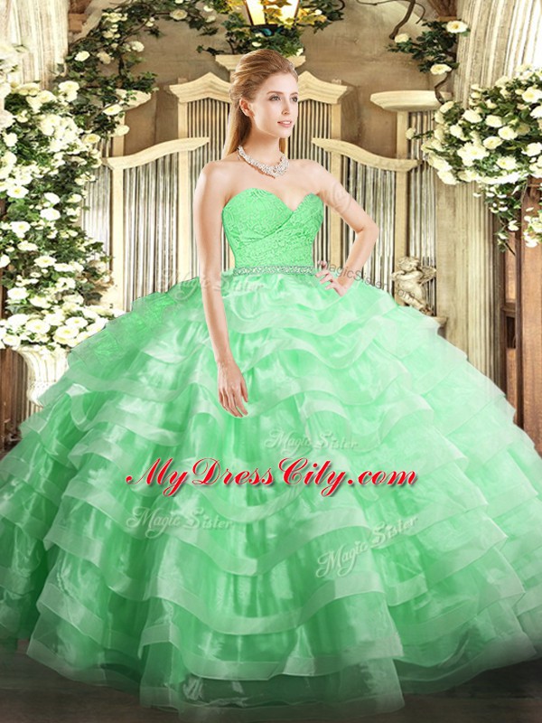 Eye-catching Apple Green Sleeveless Beading and Lace and Ruffled Layers Floor Length 15 Quinceanera Dress