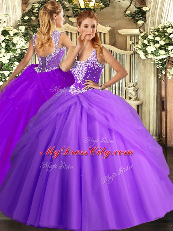 Flare Floor Length Lavender Sweet 16 Quinceanera Dress Straps Sleeveless Lace Up