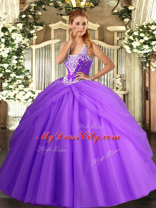 Flare Floor Length Lavender Sweet 16 Quinceanera Dress Straps Sleeveless Lace Up