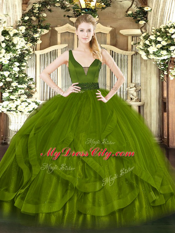 Customized Olive Green Sleeveless Floor Length Beading and Ruffles Zipper Quinceanera Gowns