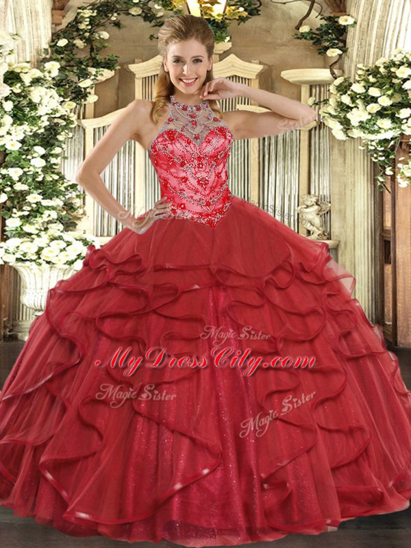 Coral Red Lace Up Vestidos de Quinceanera Beading and Ruffles Sleeveless Floor Length