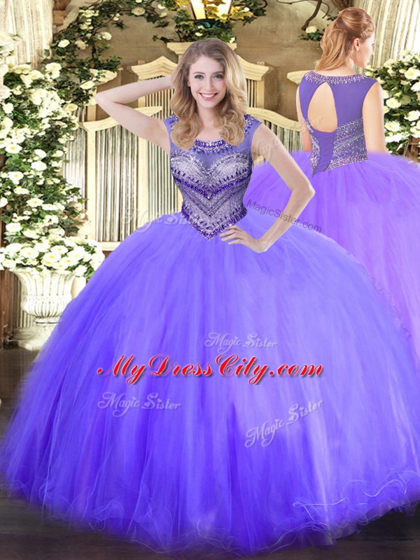 Custom Made Scoop Sleeveless Tulle 15 Quinceanera Dress Beading Lace Up