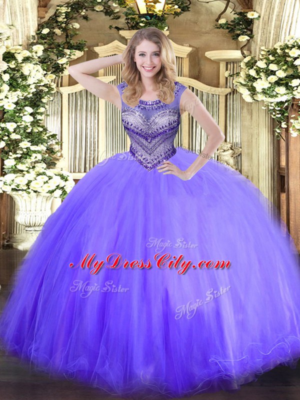 Custom Made Scoop Sleeveless Tulle 15 Quinceanera Dress Beading Lace Up