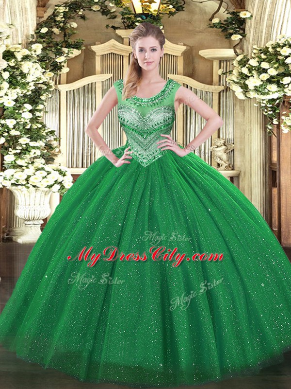 Comfortable Dark Green Sweet 16 Dresses Sweet 16 and Quinceanera with Beading and Sequins Scoop Sleeveless Lace Up