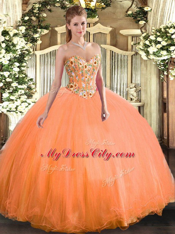 Sweetheart Sleeveless Sweet 16 Quinceanera Dress Floor Length Embroidery Orange Tulle