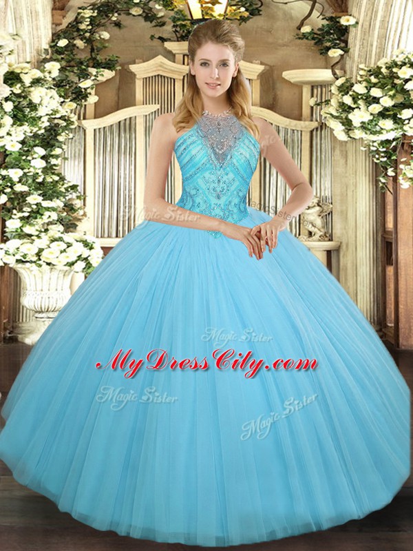 High-neck Sleeveless Tulle Sweet 16 Quinceanera Dress Beading Lace Up