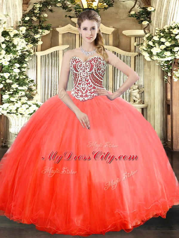 Low Price Coral Red Sleeveless Beading Floor Length Quince Ball Gowns