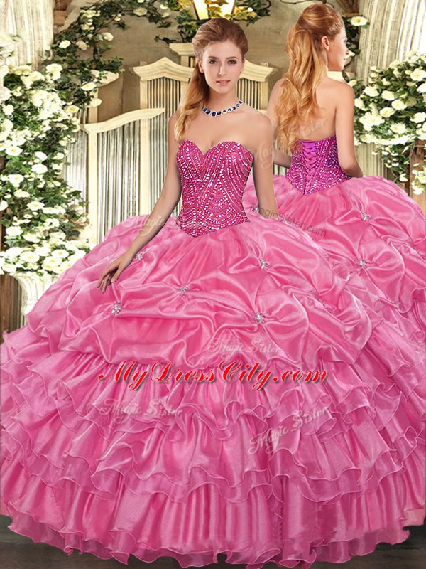 Great Organza Sweetheart Sleeveless Lace Up Beading and Ruffled Layers and Pick Ups Quince Ball Gowns in Rose Pink