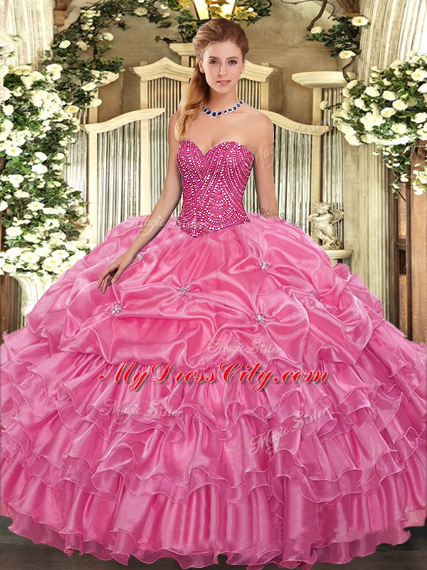 Great Organza Sweetheart Sleeveless Lace Up Beading and Ruffled Layers and Pick Ups Quince Ball Gowns in Rose Pink