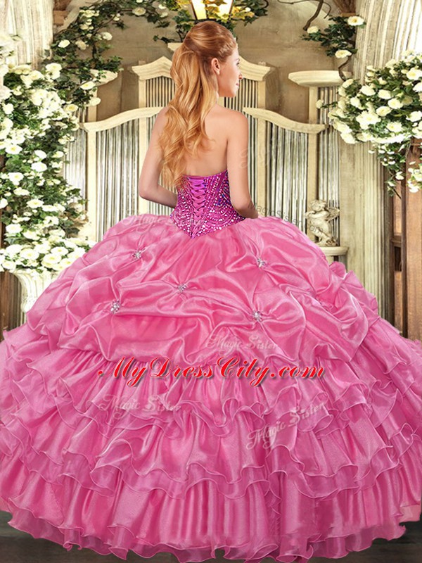 Great Organza Sweetheart Sleeveless Lace Up Beading and Ruffled Layers and Pick Ups Quince Ball Gowns in Rose Pink