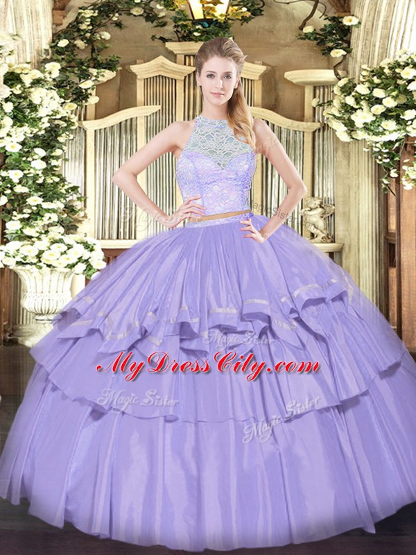 Lavender Two Pieces Lace and Ruffled Layers Ball Gown Prom Dress Zipper Organza Sleeveless Floor Length