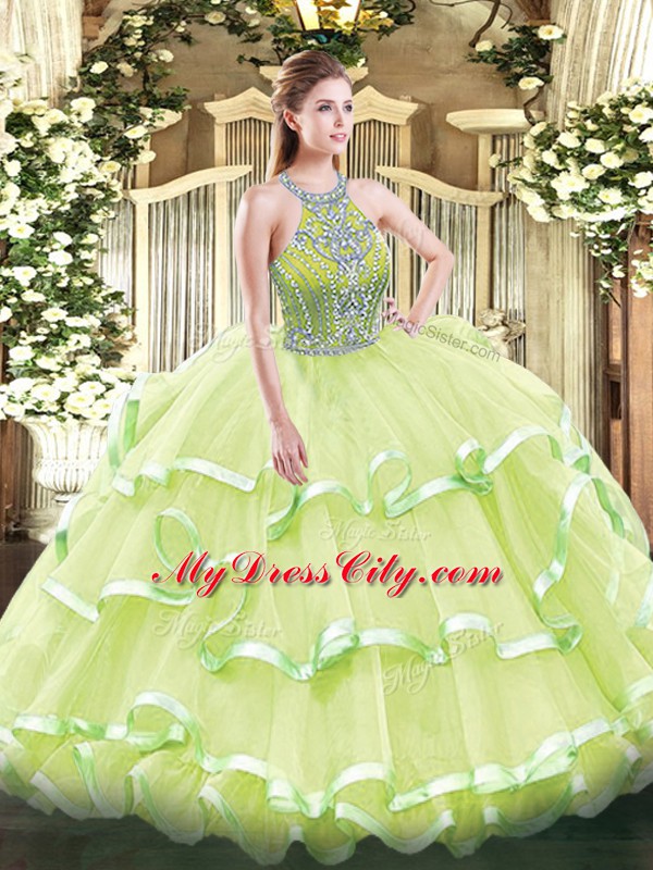 Pretty Beading and Ruffled Layers 15th Birthday Dress Yellow Green Lace Up Sleeveless Floor Length