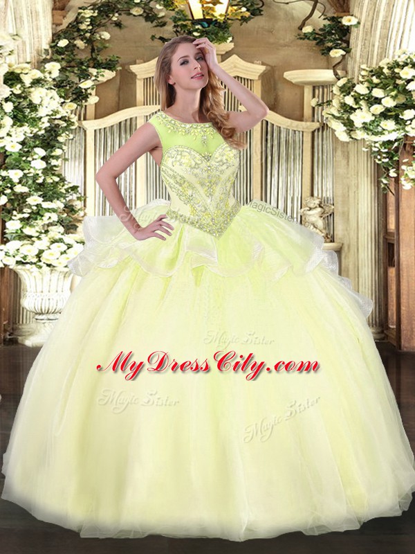 Light Yellow Ball Gowns Organza Scoop Sleeveless Beading Floor Length Lace Up Quince Ball Gowns