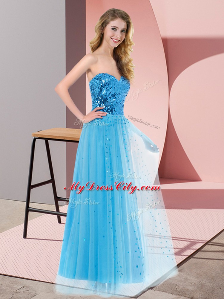 Suitable Blue Empire Sequins Lace Up Tulle Sleeveless Floor Length