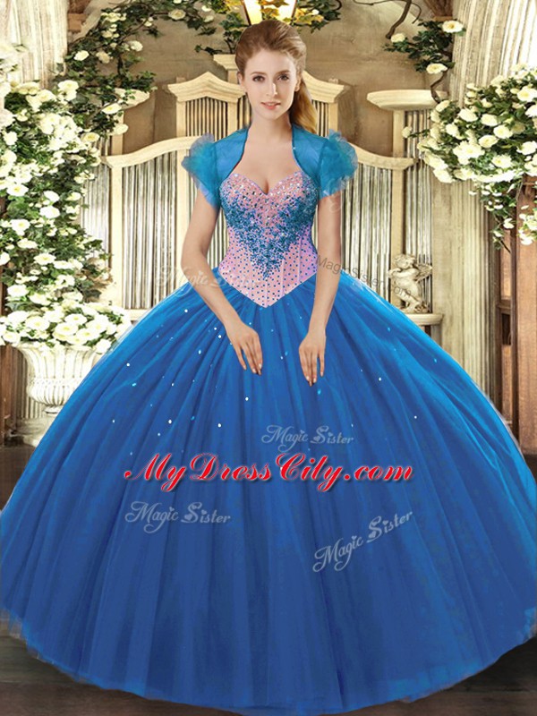 Fine Floor Length Blue Ball Gown Prom Dress Tulle Sleeveless Beading