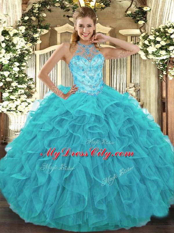 Aqua Blue Halter Top Lace Up Beading and Embroidery and Ruffles Vestidos de Quinceanera Sleeveless