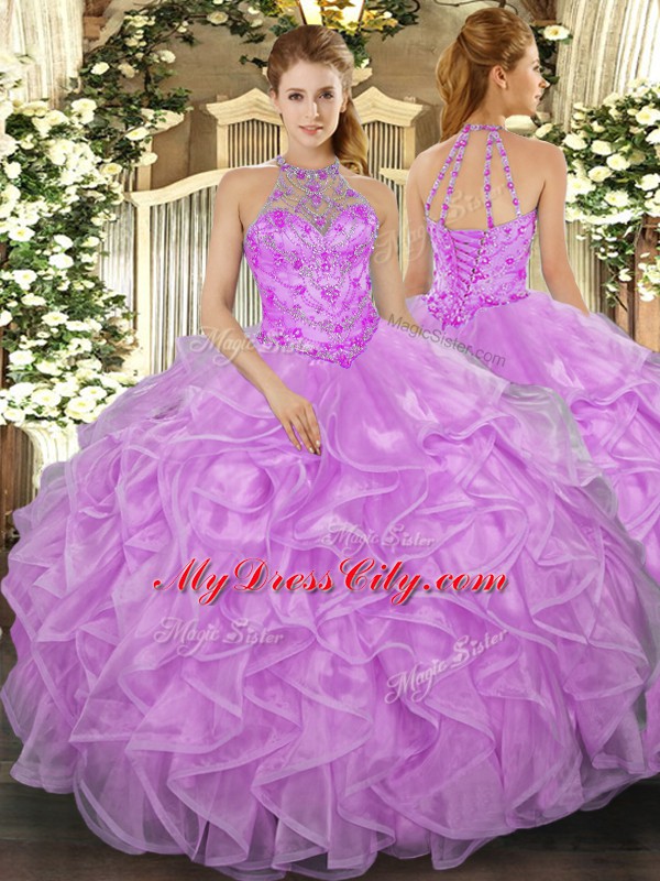 Lilac Quinceanera Dress Military Ball and Sweet 16 and Quinceanera with Beading and Ruffles Halter Top Sleeveless Lace Up