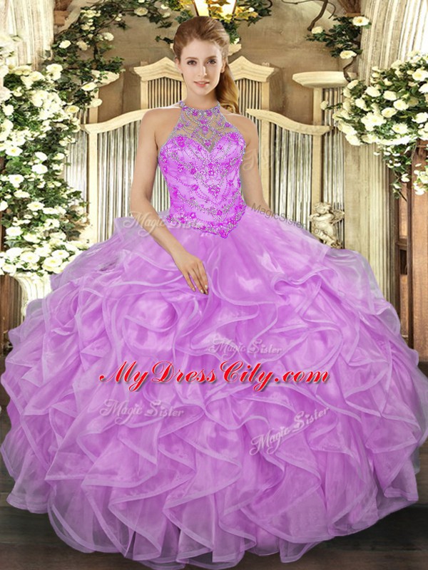 Lilac Quinceanera Dress Military Ball and Sweet 16 and Quinceanera with Beading and Ruffles Halter Top Sleeveless Lace Up