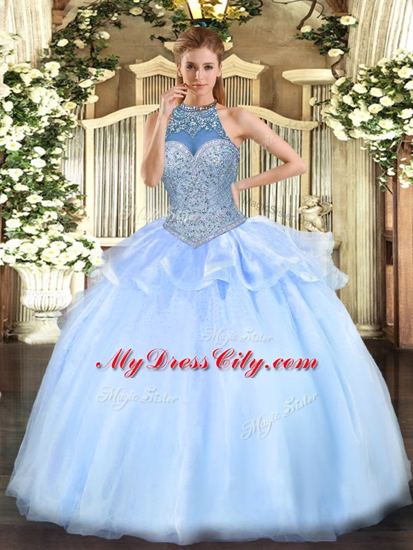 Blue Halter Top Lace Up Beading Sweet 16 Dresses Sleeveless