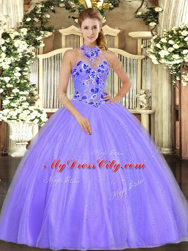 Tulle Sleeveless Floor Length 15 Quinceanera Dress and Embroidery