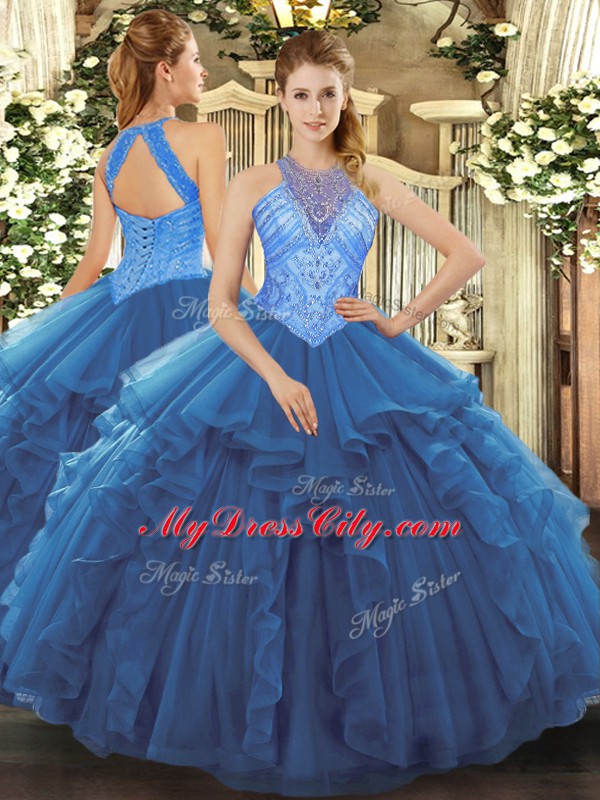 Blue Organza Lace Up Sweet 16 Dresses Sleeveless Floor Length Beading and Ruffles