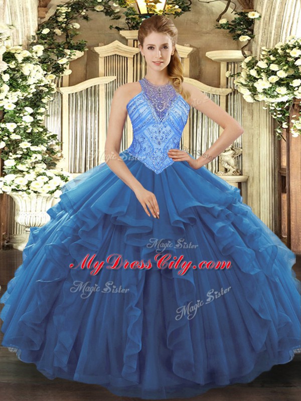 Blue Organza Lace Up Sweet 16 Dresses Sleeveless Floor Length Beading and Ruffles