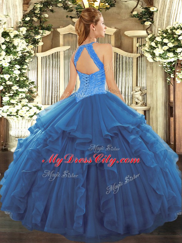 Blue Organza Lace Up Sweet 16 Dresses Sleeveless Floor Length Beading and Ruffles