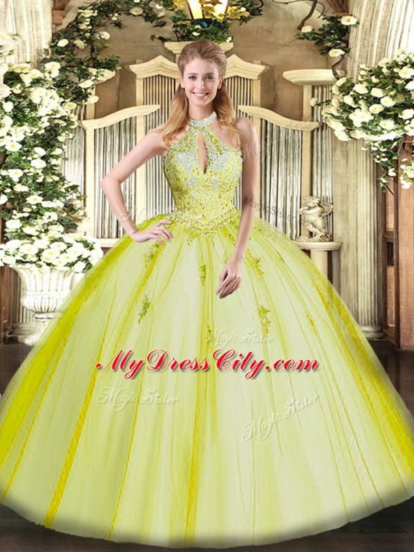 Noble Sleeveless Tulle Floor Length Lace Up Ball Gown Prom Dress in Yellow Green with Appliques