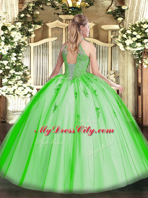 Noble Sleeveless Tulle Floor Length Lace Up Ball Gown Prom Dress in Yellow Green with Appliques