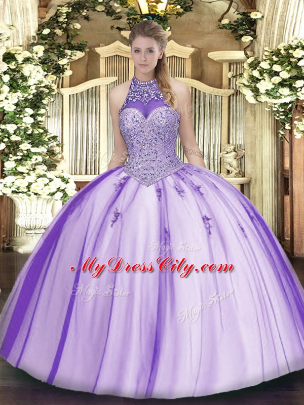 Sleeveless Tulle Floor Length Lace Up Quinceanera Dresses in Lavender with Beading and Appliques