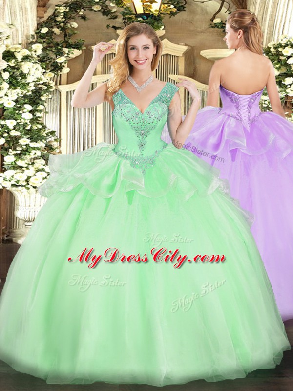 Apple Green Tulle Lace Up V-neck Sleeveless Floor Length Sweet 16 Dresses Beading