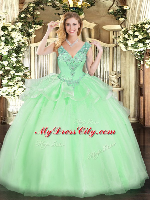 Apple Green Tulle Lace Up V-neck Sleeveless Floor Length Sweet 16 Dresses Beading