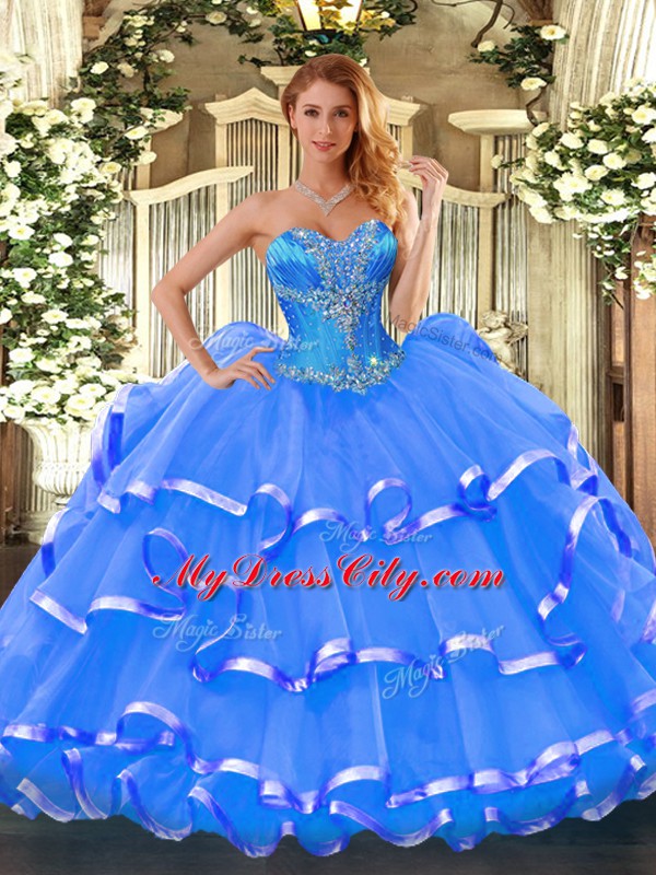 Colorful Floor Length Lace Up Sweet 16 Dress Blue for Sweet 16 and Quinceanera with Beading and Ruffled Layers